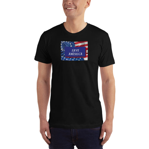 The fight continues with the stars & stripes and Betsy Ross flags on this “Save America” fitted cotton tee. Available in black, white, navy, royal blue, red, and slate. 