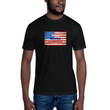 Load image into Gallery viewer, Show your patriotic pride in this comfortable, fitted &quot;God Bless America&quot; flag tee. Available in black, white, navy, heather black, and heather red. 
