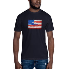 Load image into Gallery viewer, Show your patriotic pride in this comfortable, fitted &quot;God Bless America&quot; flag tee. Available in black, white, navy, heather black, and heather red. 
