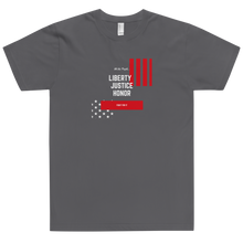 Load image into Gallery viewer, Soft cotton, fitted tee with high quality “We the People... Liberty, Justice, Honor” print is perfect for all patriots willing to “Fight For It.” Available in black, royal blue, navy, red, and asphalt. 
