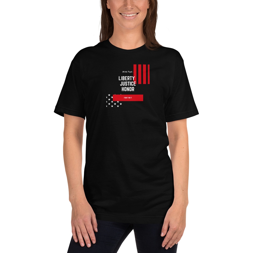Soft cotton, fitted tee with high quality “We the People... Liberty, Justice, Honor” print is perfect for all patriots willing to “Fight For It.” Available in black, royal blue, navy, red, and slate.