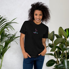 Load image into Gallery viewer, Fun, neon pink &amp; light blue &quot;MP Designs est 2020&quot; glam flamingo fitted tee. Available in black, navy, royal blue, asphalt, and fuchsia. 
