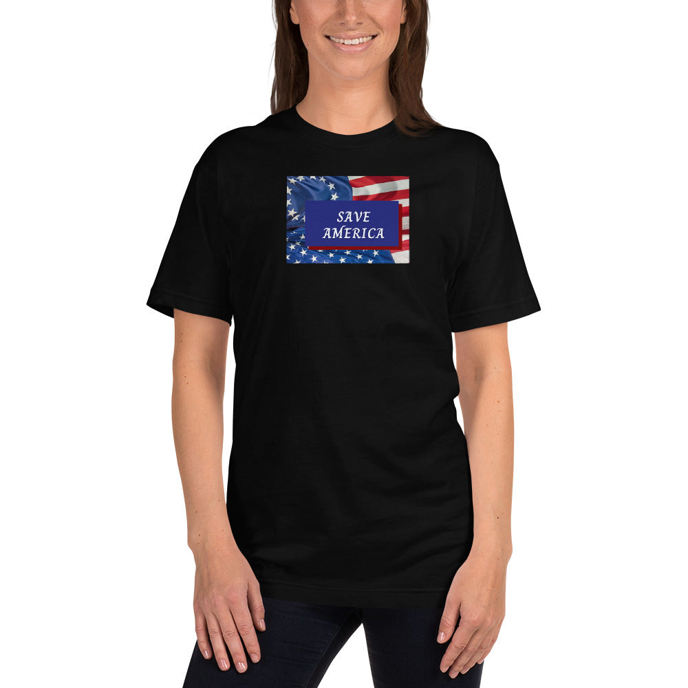 The fight continues with the stars & stripes and Betsy Ross flags on this “Save America” fitted cotton tee. Available in black, white, navy, royal blue, red, and asphalt.