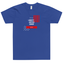 Load image into Gallery viewer, Soft cotton, fitted tee with high quality “We the People... Liberty, Justice, Honor” print is perfect for all patriots willing to “Fight For It.” Available in black, royal blue, navy, red, and asphalt. 
