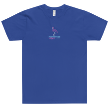 Load image into Gallery viewer, Fun, neon pink &amp; light blue &quot;MP Designs est 2020&quot; glam flamingo fitted tee. Available in black, navy, royal blue, asphalt, and fuchsia. 
