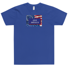Load image into Gallery viewer, The fight continues with the stars &amp; stripes and Betsy Ross flags on this “Save America” fitted cotton tee. Available in black, white, navy, royal blue, red, and asphalt.
