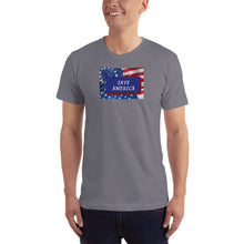 Load image into Gallery viewer, The fight continues with the stars &amp; stripes and Betsy Ross flags on this “Save America” fitted cotton tee. Available in black, white, navy, royal blue, red, and slate. 
