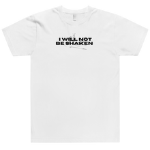 Load image into Gallery viewer, Stand strong spiritual warriors with this &quot;I Will Not Be Shaken&quot; cotton tee. Available in navy, cranberry, slate, asphalt, forest, and white. 
