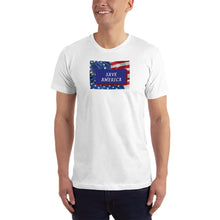 Load image into Gallery viewer, The fight continues with the stars &amp; stripes and Betsy Ross flags on this “Save America” fitted cotton tee. Available in black, white, navy, royal blue, red, and slate. 

